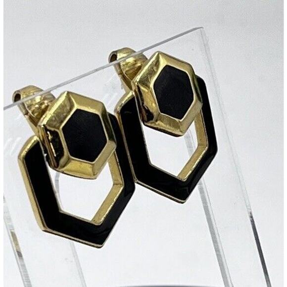 Crown Trifari Vintage Gold Tone Black Enamel Clip On Door Knocker Earrings - Picture 2 of 10